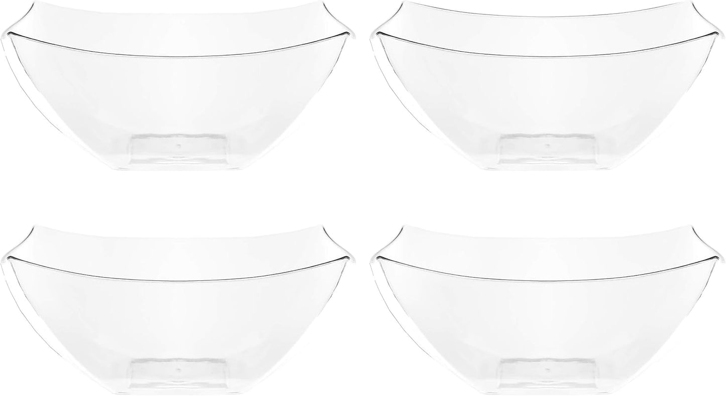 PLASTICPRO Disposable Square Serving Bowls, Party Snack or Salad Bowl, Plastic Clear or White Pack of 4 (16 OUNCE, White)