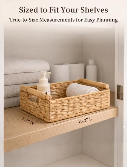 Water Hyacinth Wicker Basket, 13.39*9.45*4.65 Inch Woven Basket with Handles, Wooden Handles Wicker Storage Basket, Rattan Basket for Decorative Baskets, Pantry, Shelves, Gift, Toys - Medium