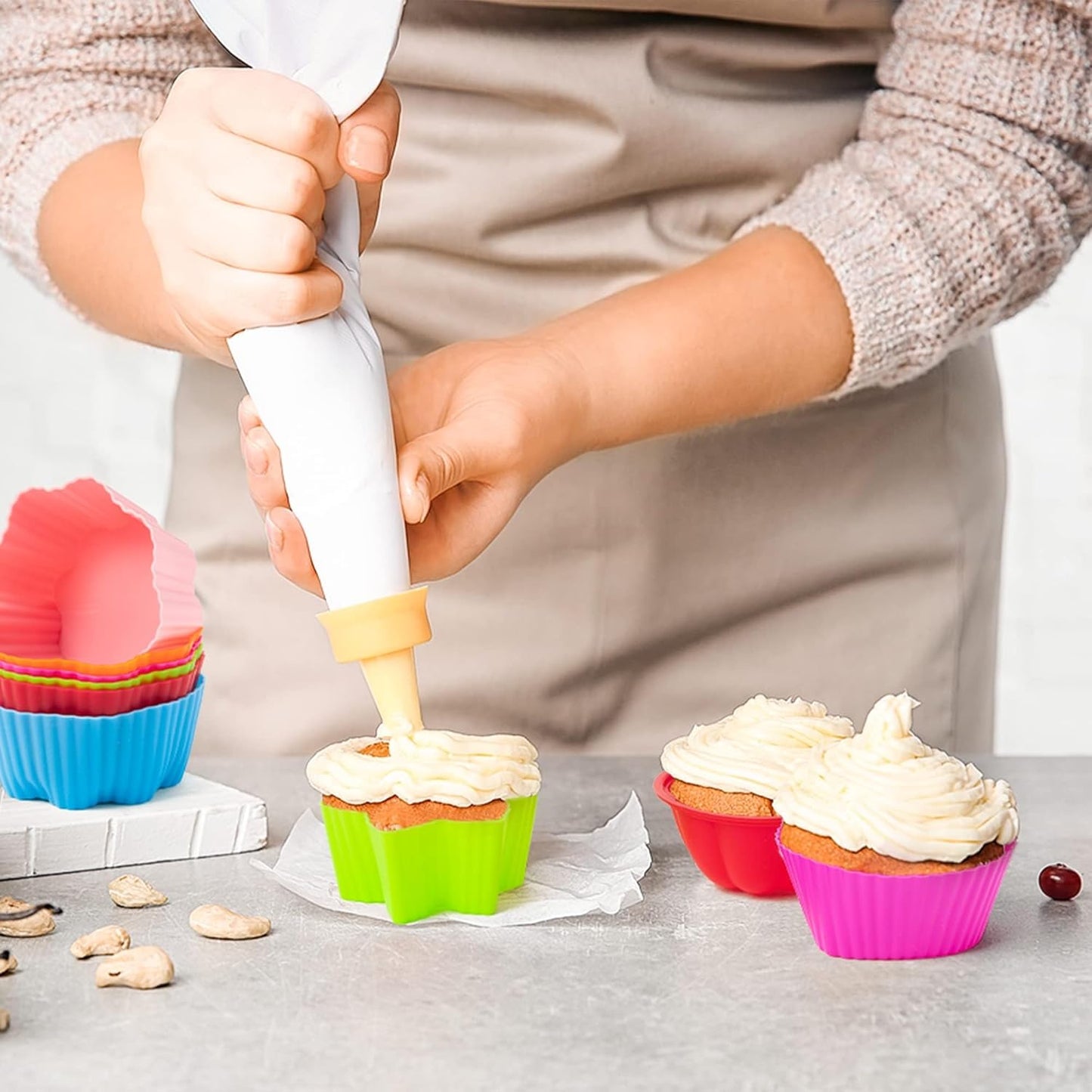 R HORSE 42Pcs Silicone Molds Cupcake 2 Inch Mini Size Reusable Muffins Liners Washable Non-Stick Donut Wrapper Mold Flower Shapes Baking Cups for Pan Oven Microwave Dishwasher