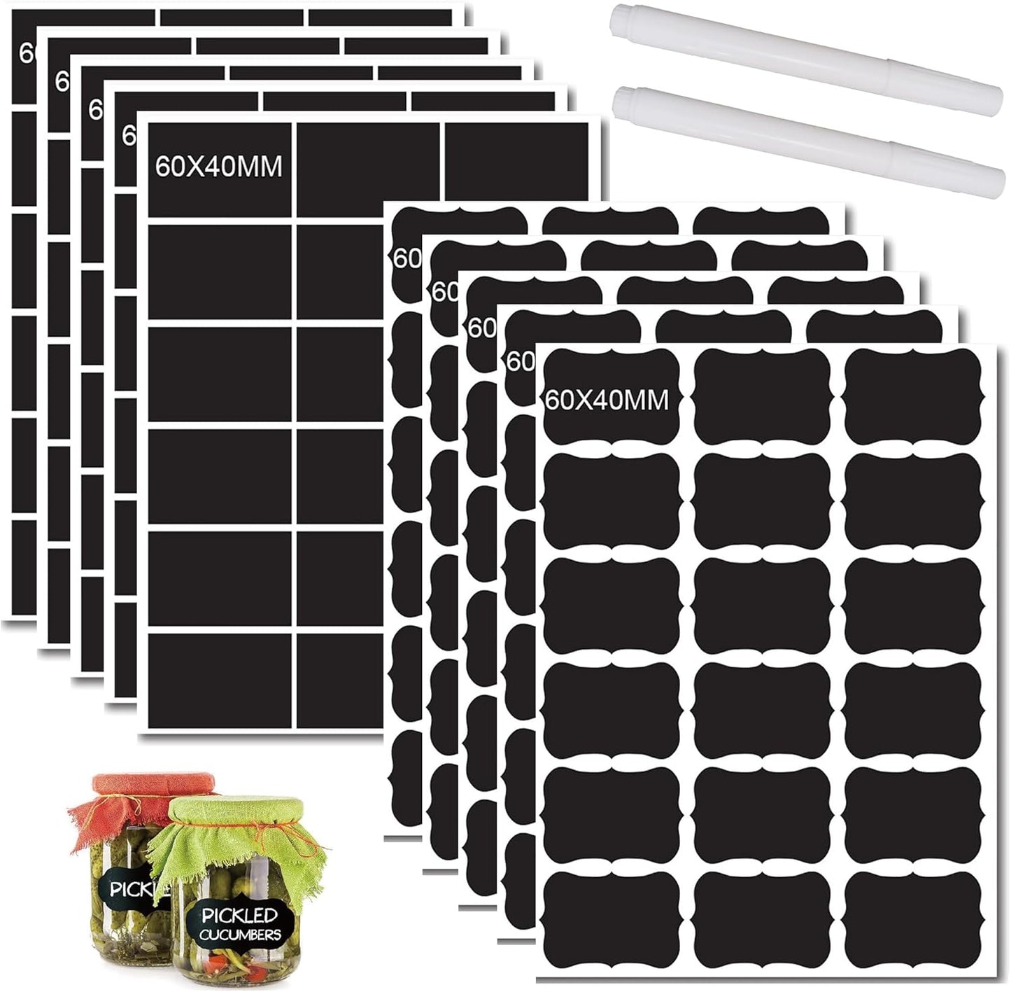 Chalkboard Labels 180pcs Waterproof Reusable Label Stickers with 2 White Liquid Chalk Markers for Storage Bin, Food Container, Mason Jars 5X7.5cm Black