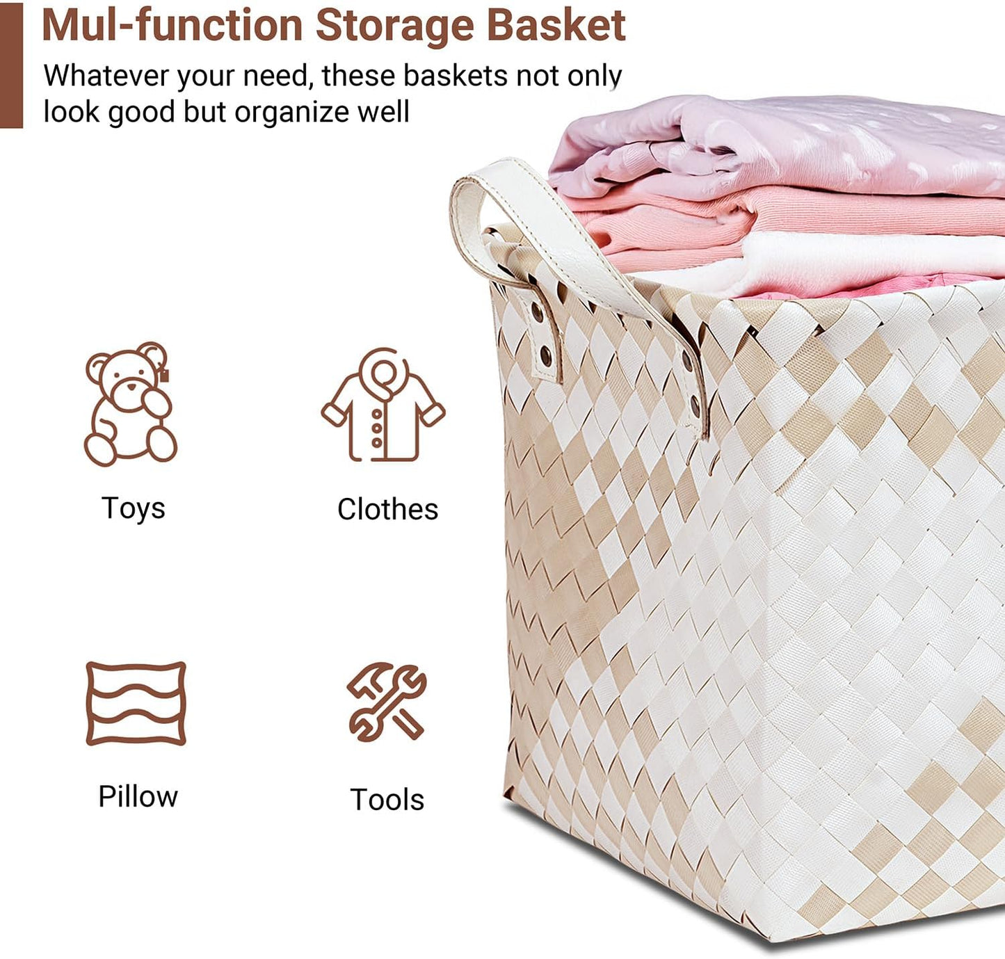 15L Laundry Baskets Waterproof Storage Baskets For Shelves Large Laundry Hamper With Leather Handle -set of 4 Cube Organizers Woven Bins for Bathroom,Bedroom,Pantry,Clothes,Car & Towels-Brown
