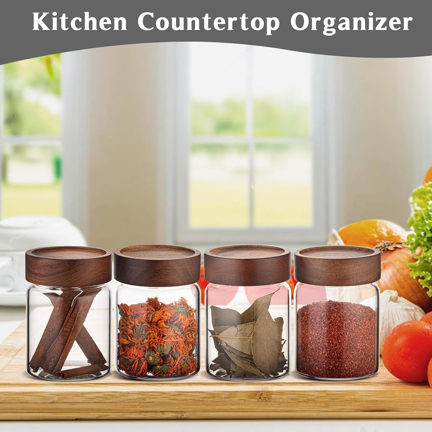 6 pc Glass Spice jars Glass Jars with Screw Lid 5 oz Acacia Wood Glass Herb Sugar Coffee Bean Ground Container Food Storage Canister for Candy Pantry Tea Seasoning Meal Prep Snack (6*150ml(5oz))