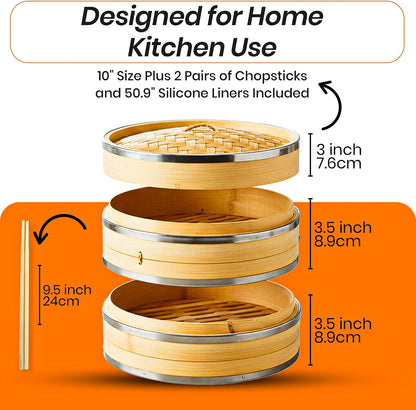 Bamboo Steamer Basket | 2 Tier 10-Inch steaming basket for Dim Sum, Bao Buns, Momos, Rice & Vegetables | Dumpling Steamer, Complete Kit: 4 Reusable Liners, 2 Sauce Dish, 2 Chopsticks, Ring Adapter | Natural Bamboo dumpling steaming basket Kit