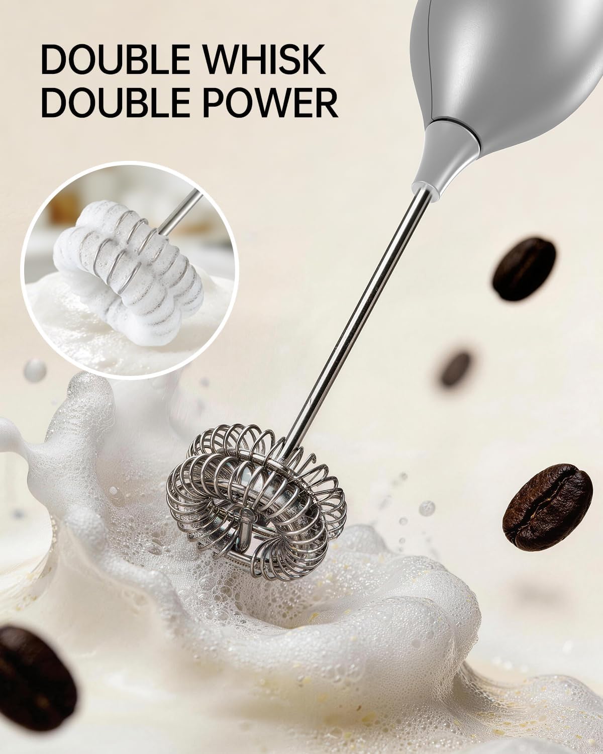 CIRCLE JOY Rechargeable Milk Frother Handheld with Stand, Dual Spring Whisk Head Electric Coffee Frother Foam Maker, Portable Drink Mixer for Cappuccino, Latte, Matcha, Black