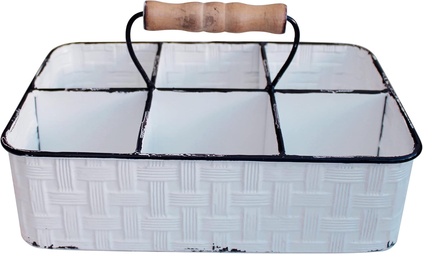CVHOMEDECO. Rustic Distressed Metal Table Caddy, Bottles holder, Tabletop Organizer, Enamel Finish with Wood handle and 6 Compartments, White