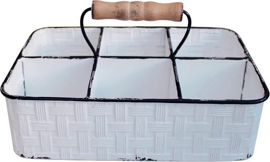 CVHOMEDECO. Rustic Distressed Metal Table Caddy, Bottles holder, Tabletop Organizer, Enamel Finish with Wood handle and 6 Compartments, White