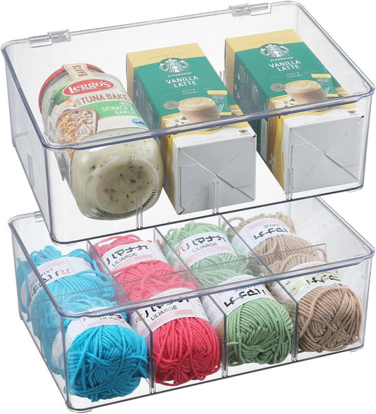 Clear Fridge Organizer Bins With Removable Dividers - Ideal for Snacks and Pantry Storage Snack Bins For Pantry Organization Refrigerator Bins Organizers Clear Kitchen Storage Accessories (2 Pack)