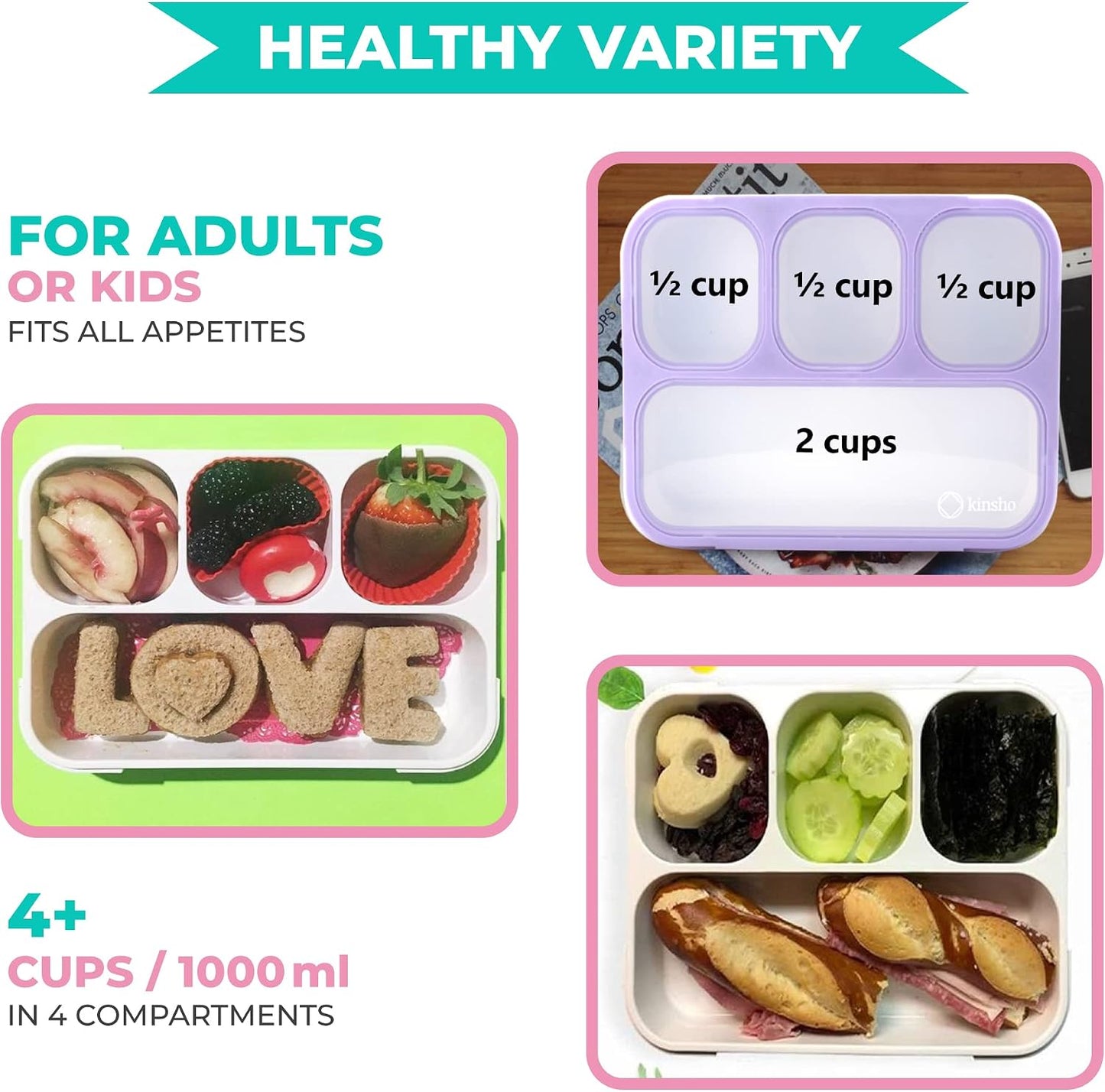 Bento Lunch Box for Kids or Adults, Snack Containers for Boys, Girls, School Daycare Work, 3 Divided Compartments Meal Planning Portion Control, BPA-Free Boxes, Utensils | Blue Purple 2 pack