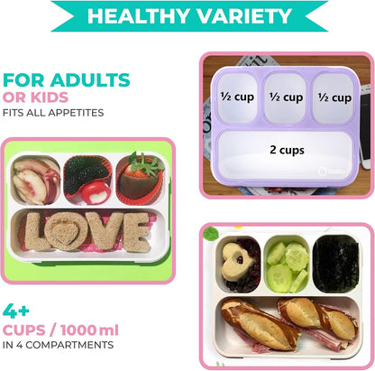 Bento Lunch Box for Kids or Adults, Snack Containers for Boys, Girls, School Daycare Work, 3 Divided Compartments Meal Planning Portion Control, BPA-Free Boxes, Utensils | Blue Purple 2 pack