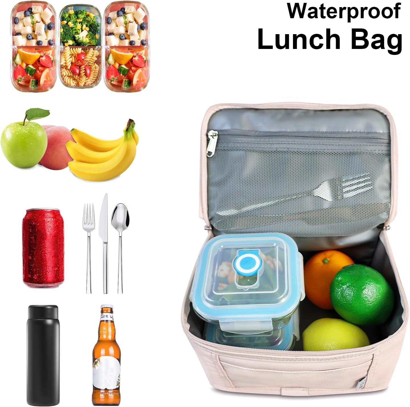 NOL Mini Insulated Lunch Bag for Women Men Kids | Small Leakproof Reusable Lunch Tote | Fits 6 Cans 330ml | Thermal Cooler for Work School Picnic Camping, Navy blue