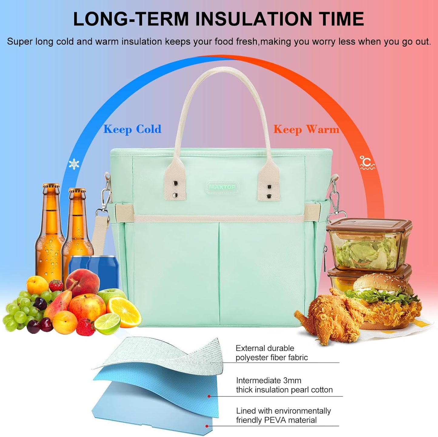 MAXTOP Lunch Bag Women for Work Insulated Thermal Lunch Box for Men with Wide-Open Pocket Reusable Leakproof Cooler Bags with Removable Shoulder Strap for Teacher Nurse Office Picnic Travel Black