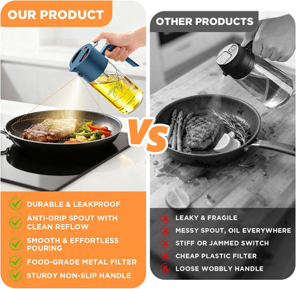 PLAPITATE 17oz/500ml Premium Olive Oil Sprayer for Cooking, 2 in 1 Glass Olive Oil Dispenser Bottle for Kitchen Gadgets, Spray Bottle with Portion Control for Salad, Frying, BBQ (Black)