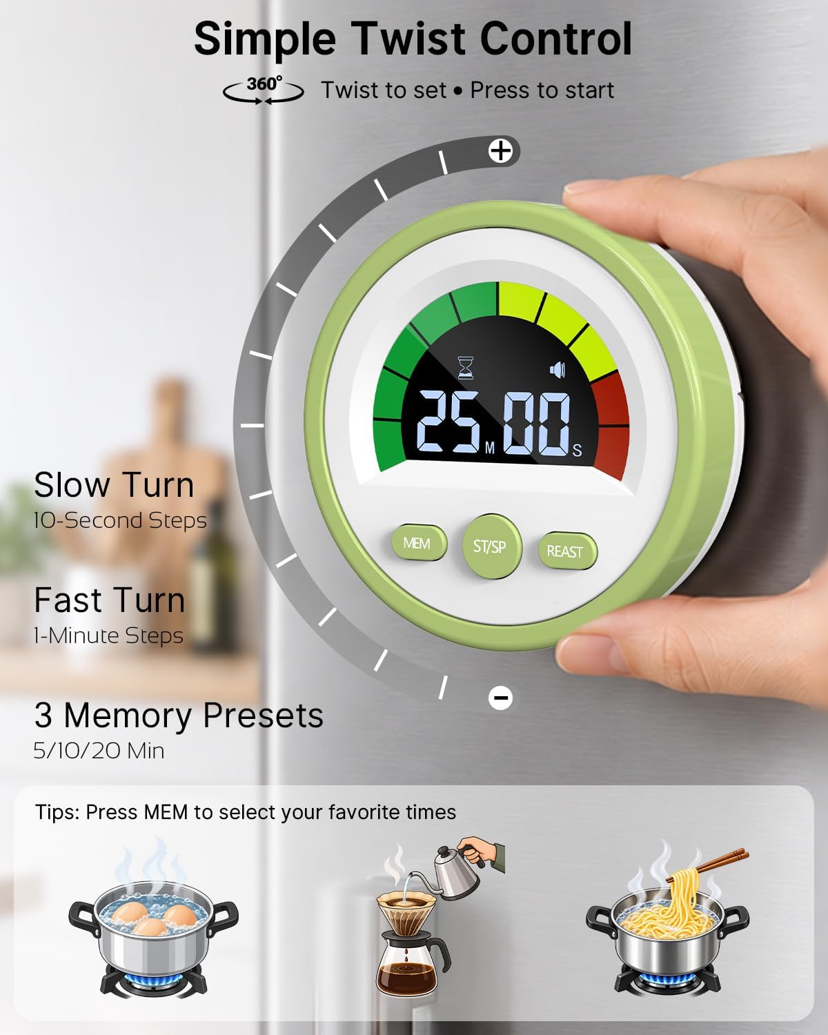 Digital Magnetic Kitchen Timer for Cooking, Rechargeable, Loud Alarm