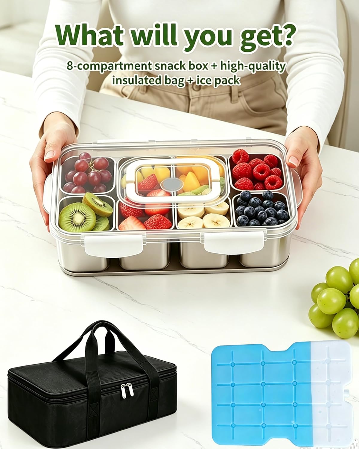 Snackle Box Container, Stainless Steel Divided Serving Tray with Lid and Handle, Large Snack Tray for Fruit Veggie Candy, 8-Compartment Snack Platter for Travel Party Beach Picnic