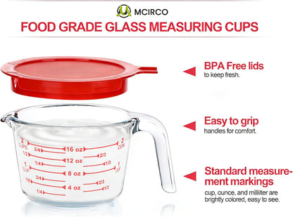 M MCIRCO 6 Pcs Glass Measuring Cups with Lids Set, 1-Cup, 2-Cup, 4-Cup Measuring Jugs with Handle, Nesting Liquid Measuring Cups for Kitchen