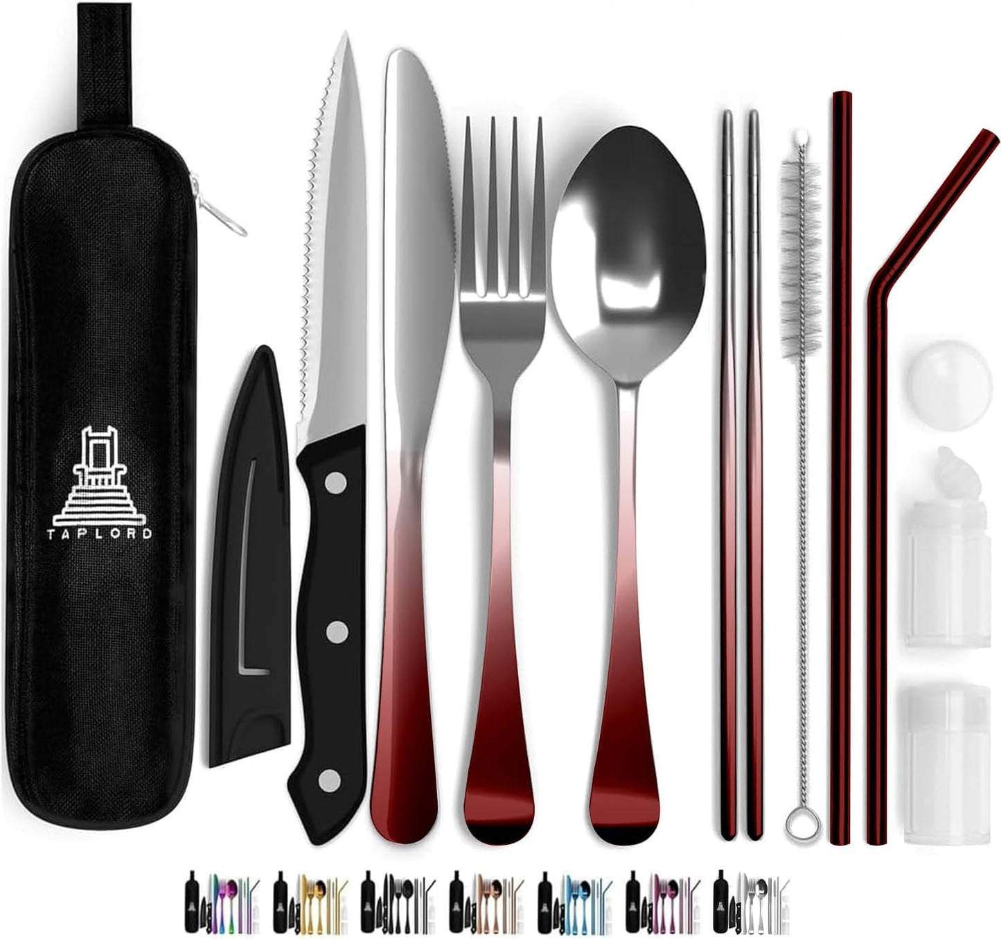 Taplord Portable Travel Silverware Set With Case, Includes 10 Pcs of Travel Utensils With Case, Stainless Steel Flatware Set For Camping, Lightweight (Multi-Color)