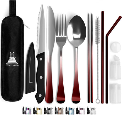 Taplord Portable Travel Silverware Set With Case, Includes 10 Pcs of Travel Utensils With Case, Stainless Steel Flatware Set For Camping, Lightweight (Multi-Color)