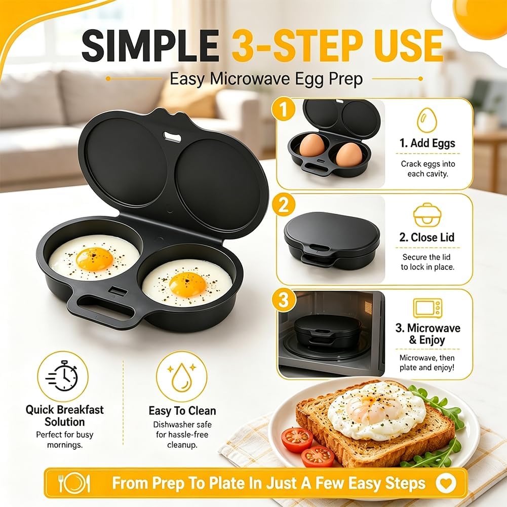 2027 Dual Cavity Microwave Egg Poacher With Lid & Handle，Black*2