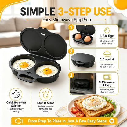 2027 Dual Cavity Microwave Egg Poacher With Lid & Handle，Black*2