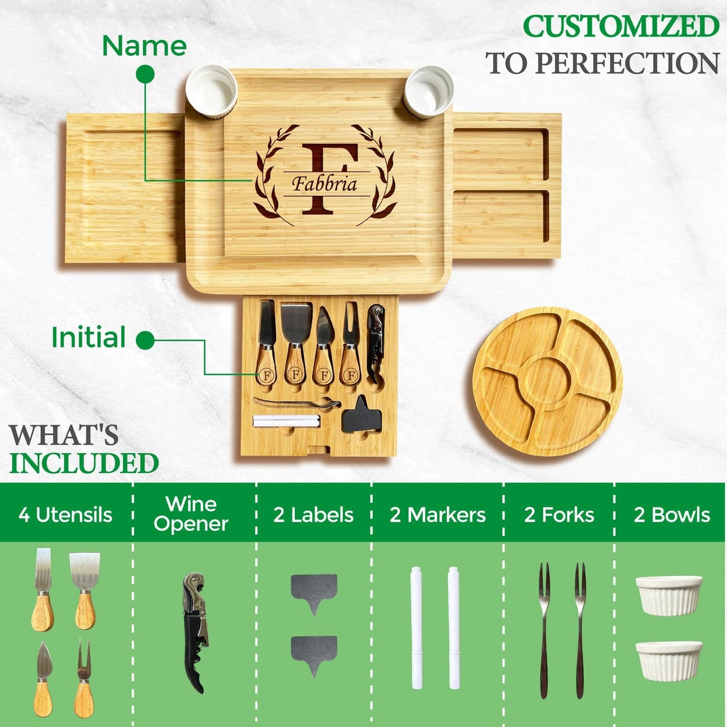 Personalized Bamboo Charcuterie Board Gift Set with 3 Drawers & Utensils, Custom Cheese Board with Round Tray, Housewarming, Wedding & Birthday Gift for Couples and Family