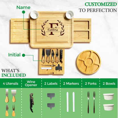 Personalized Bamboo Charcuterie Board Gift Set with 3 Drawers & Utensils, Custom Cheese Board with Round Tray, Housewarming, Wedding & Birthday Gift for Couples and Family