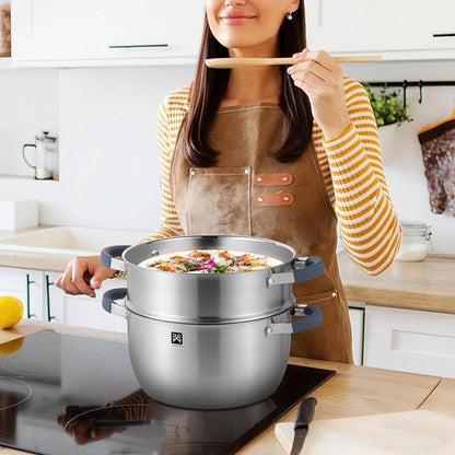 GOLDEN KEY 3.2 QT Steamer Pot With Lid - 2-Tier 18/8 Stainless Steel，Multipurpose Steaming Cookware with Vegetable Steam Basket, Oven & Dishwasher Safe, Triple Bottom for Even Heating, Perfect for Dumplings, Seafood and Vegetables