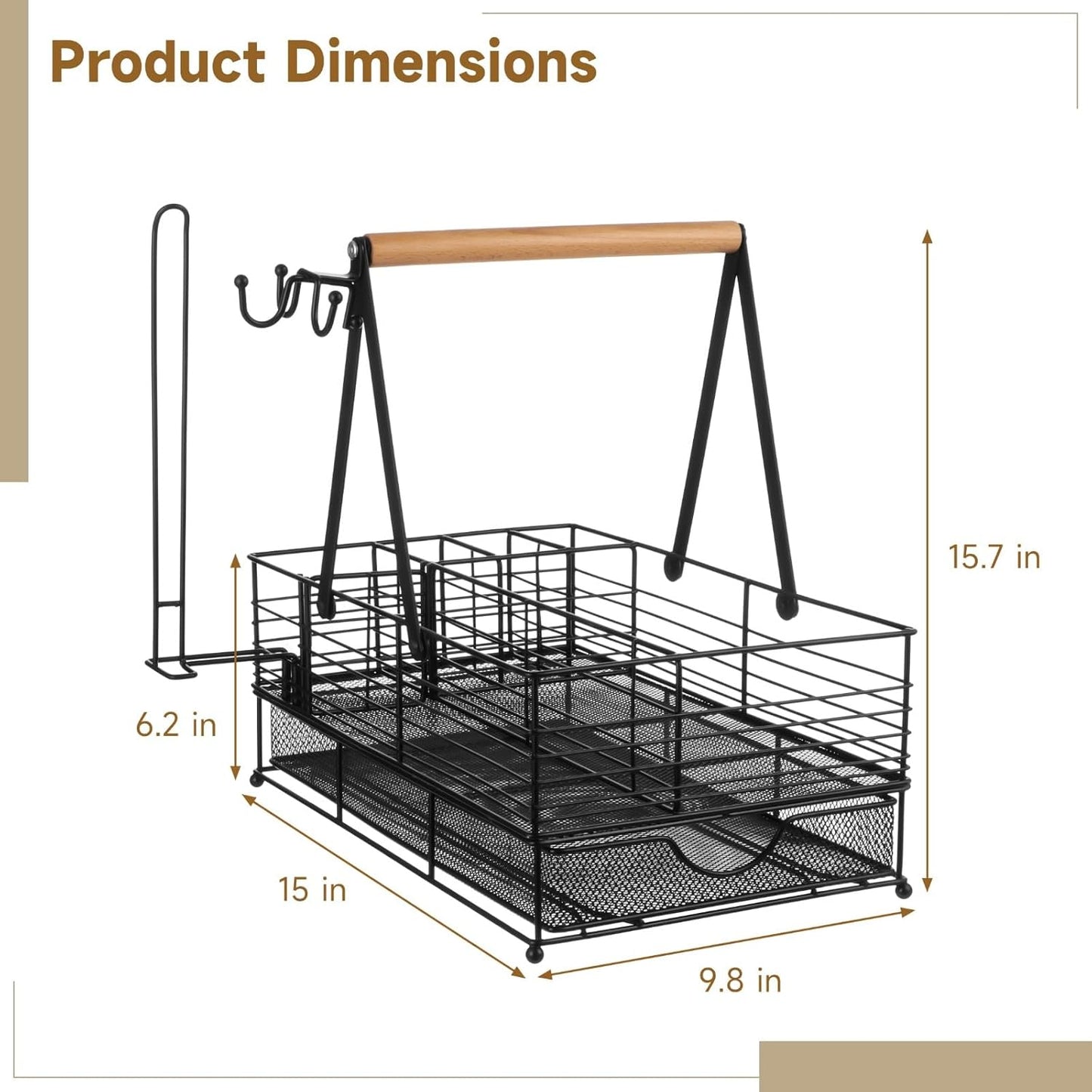 1 Pack Large Grill Caddy, BBQ Tool Organizer with Paper Towel Holder, Powder-Coated Steel Caddy Organizer, Rust-Resistant, 3 Side Hooks, Adjustable Dividers, Camping, RV, Black