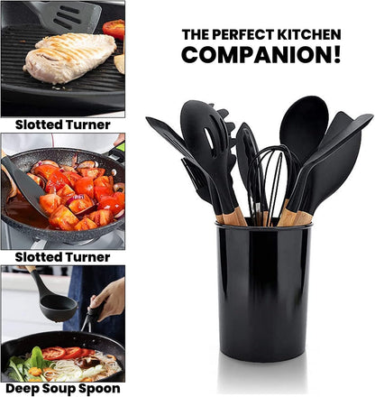 Silicone Cooking Utensils Set kitchen Utensils Set Wooden Handle Spoons Turner Brush Tong Soup Ladle Pasta Heat Resistant Non Stick Kitchen Utensils Heat Resistant Gadget Set With Holder BPA Free