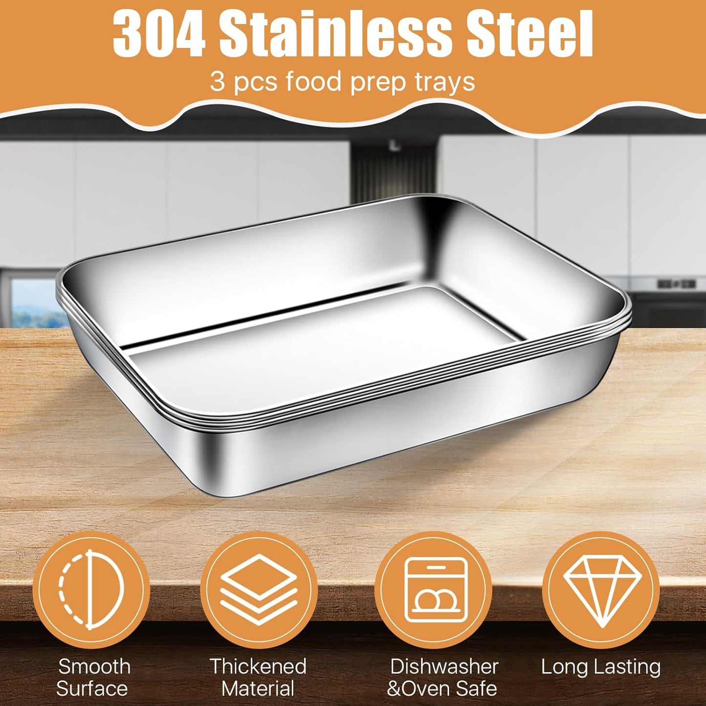 3 Set Stainless Steel Breading Trays Set with Lids, Dust Proof Breading Pans with Tong for Dredging Chicken Breasts，Marinating Meat, Food Prep Trays Oven & Dishwasher Safe