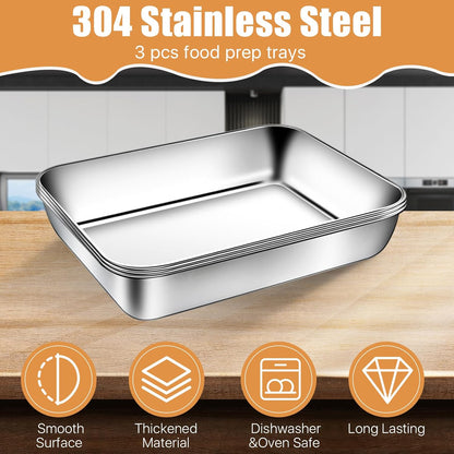 3 Set Stainless Steel Breading Trays Set with Lids, Dust Proof Breading Pans with Tong for Dredging Chicken Breasts，Marinating Meat, Food Prep Trays Oven & Dishwasher Safe