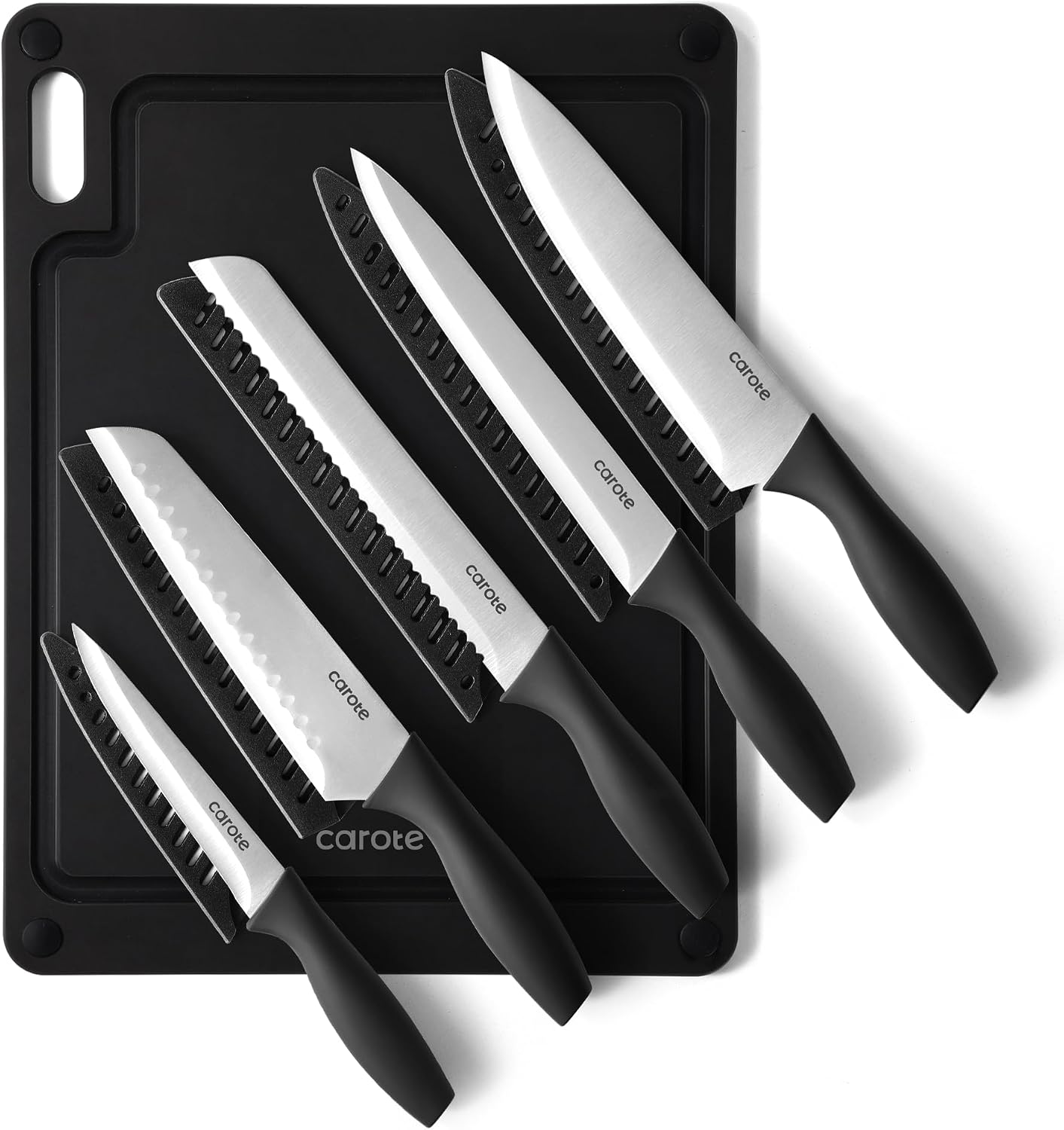 CAROTE Knife Set, 11 Pcs Kitchen Knives with 5 Blade Guards & Non-Slip Cutting Board, Rustproof Stainless Steel 5 Kitchen Knife Set, Plain Black