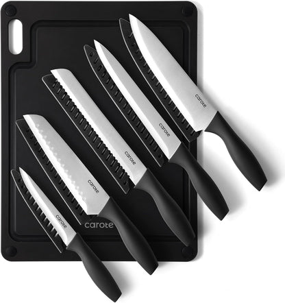 CAROTE Knife Set, 11 Pcs Kitchen Knives with 5 Blade Guards & Non-Slip Cutting Board, Rustproof Stainless Steel 5 Kitchen Knife Set, Plain Black