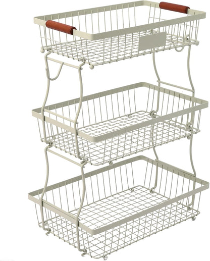 2-Tier Stackable Wire Basket with 2 Banana Hooks, Pantry Organizer for Kitchen Countertops, Cabinets & Under-Sink Spaces; Ideal for Storing Snacks, Fruits, Veggies, Onions, Potatoes, & More,Black