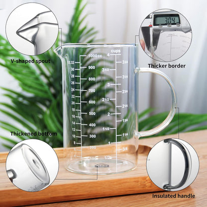77L 3 Pack Glass Measuring Cup Set (1 1/4, 2 & 4 Cup) [Insulated handle, V-Shaped Spout], High Borosilicate Liquid Glass Measure Cup for Kitchen, Easy To Read, Dishwasher, Freezer, and Microwave Safe