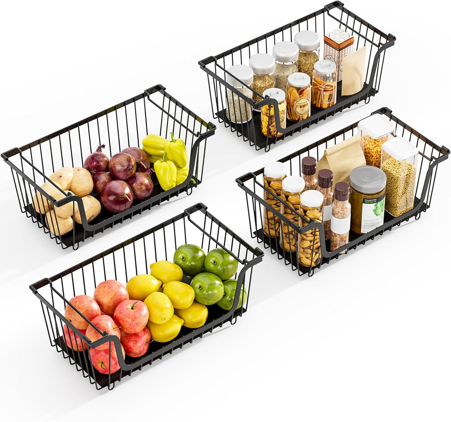 4 Pack Stackable Wire Baskets with Handles for Pantry Organizers and Storage, Fruit and Vegetable wire storage baskets, Potato and Onion Storage Bin, Metal Baskets for Organizing Snacks, Cans (White)
