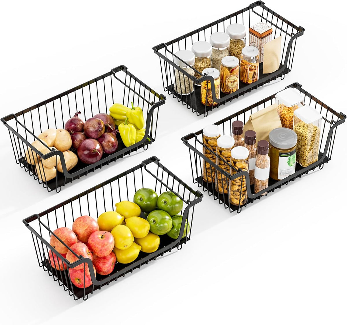 4 Pack Stackable Wire Baskets with Handles for Pantry Organizers and Storage, Fruit and Vegetable wire storage baskets, Potato and Onion Storage Bin, Metal Baskets for Organizing Snacks, Cans (White)
