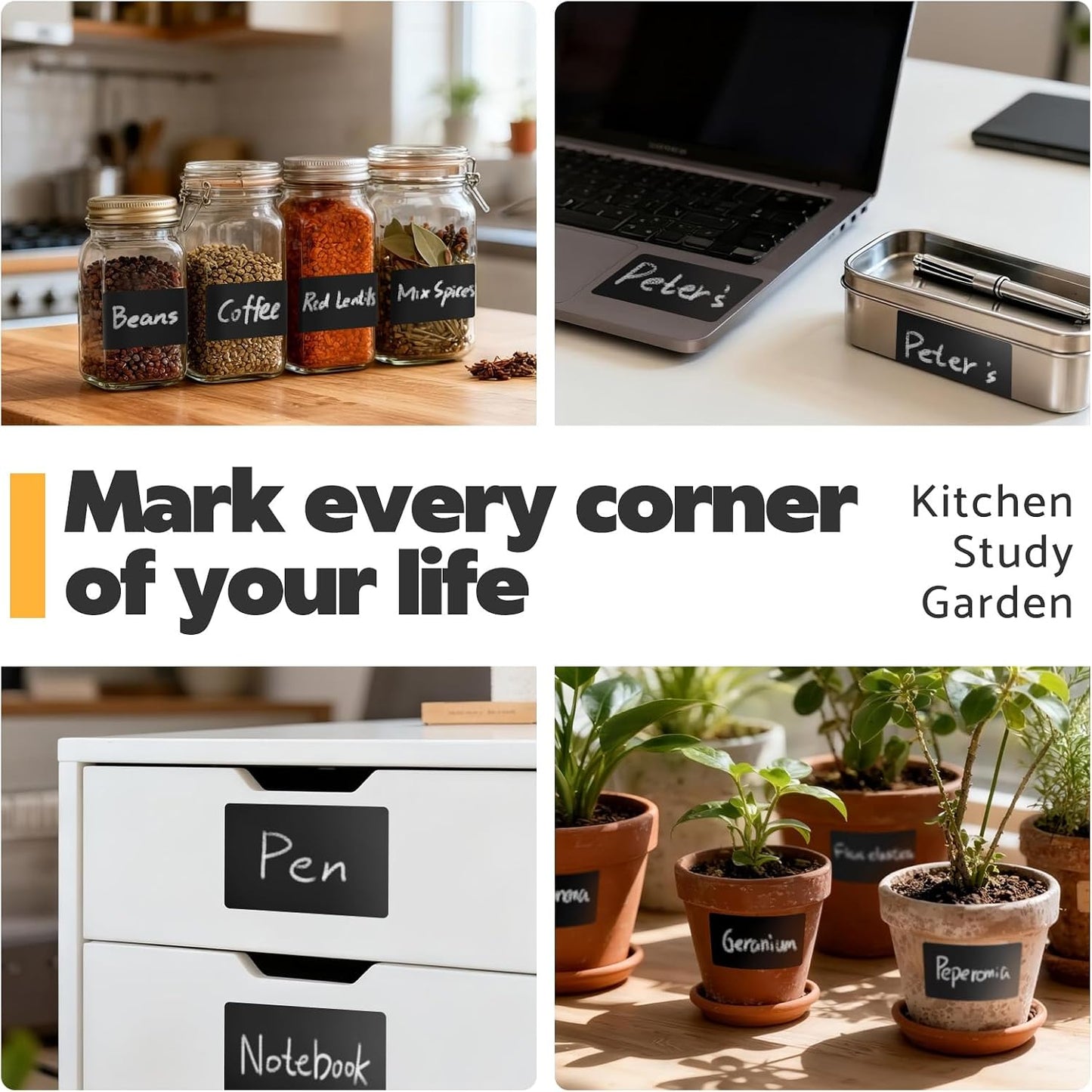 JIEHENG 180Pcs Chalkboard Labels for Jars, Waterproof Reusable Blackboard Stickers with 1 Liquid Chalk Markers, Organization Labels Removable (Black, Wavy)