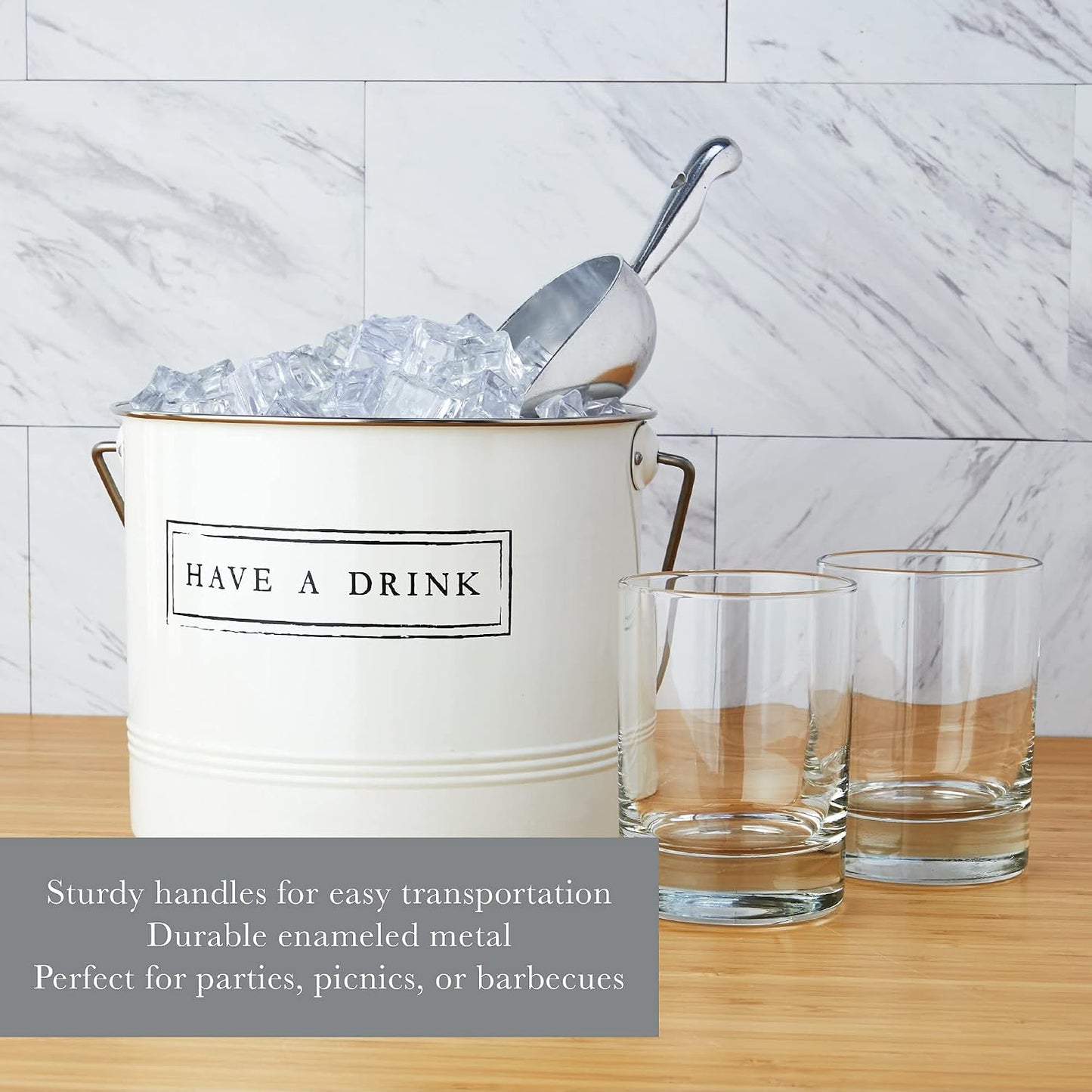 Twine Insulated Ice Bucket with Lid, Scoop & Handles for Beer, Wine, Champagne, Beverages, 1 Gal Galvanized Metal Bucket, Steel Ice Container for BBQs, Indoor & Outdoor Party Supplies, Bar Accessories