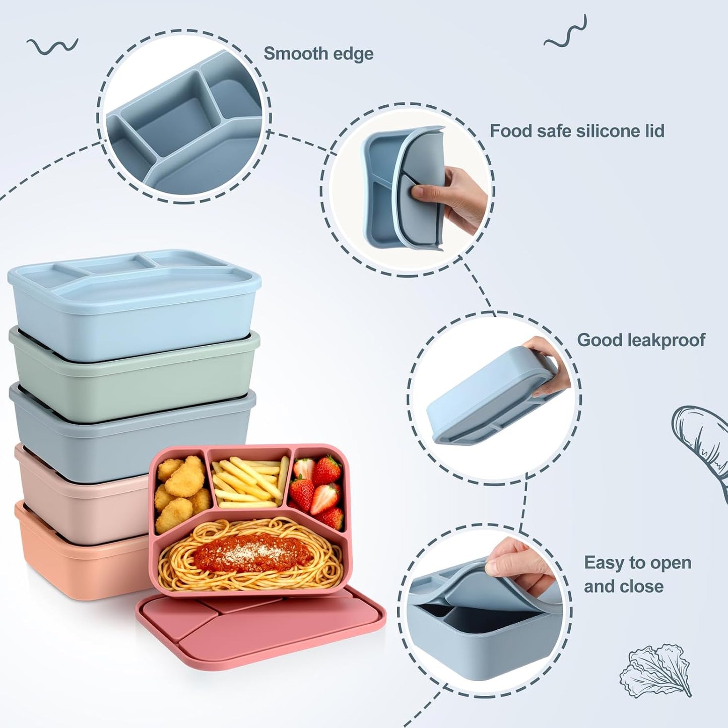 Honeydak 6 Pcs Silicone Bento Box Reusable Lunch Container 4 Compartment Snack Boxes with Lid Smooth LeakProof Rectangle Food Boxes for Adult Work Travel Food Storage (Cute Color)