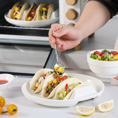 Dizada Taco Holders Set of 3-9" Porcelain Taco Plates with Dividers, Ceramic Taco Stand for Hard Soft Shells, Reusable Taco Serving Tray, Dishwasher Microwave Safe