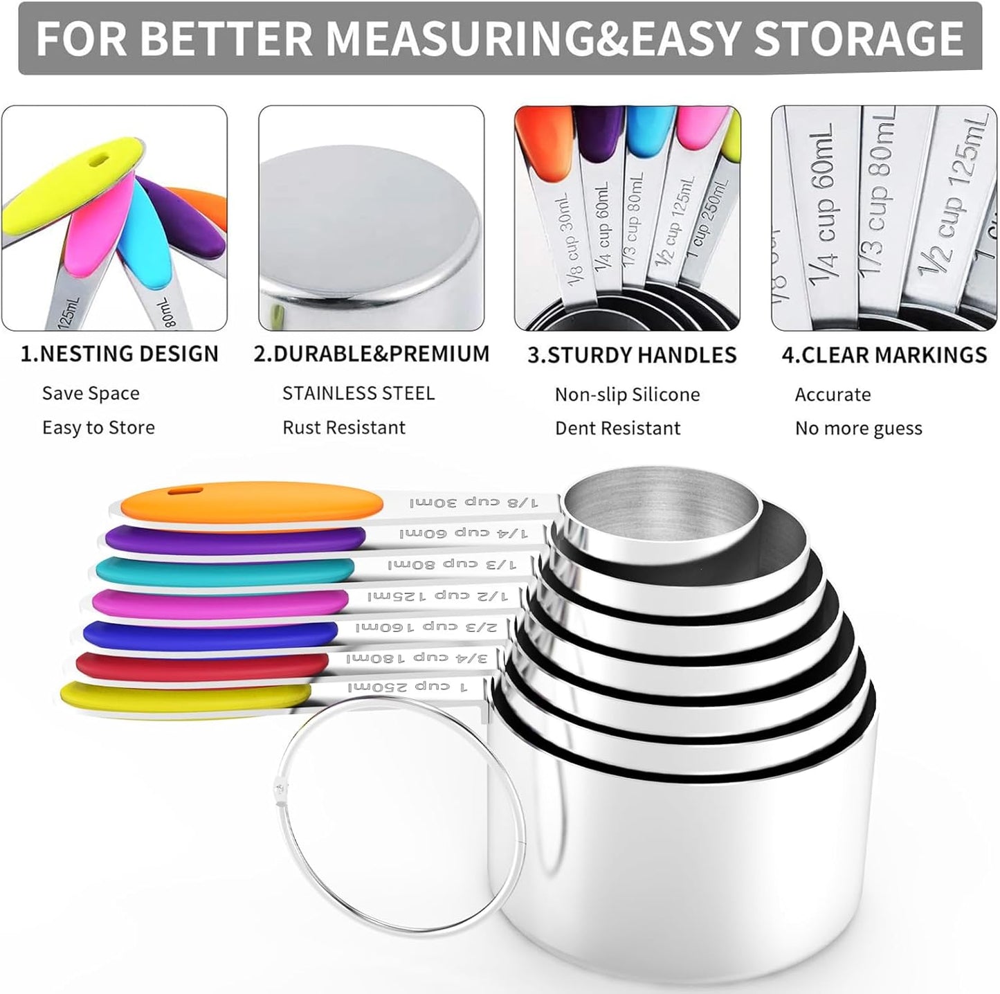 TILUCK Nesting Measuring Cups and Spoons Set, Stainless Steel with Soft Silicone Handle – Heavy Duty & Dishwasher Safe for Measuring Dry/Liquid Ingredients, Ideal for Cooking & Baking (10)