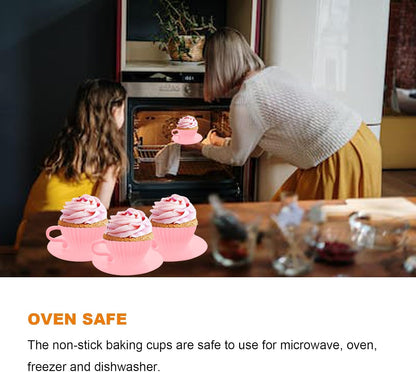 Silicone Cupcake Liners, 16 Pcs Silicone Muffin Cups for Baking, Reusable Muffin Liners, Teacup Cupcake Baking Cups, 8 Cups & 8 Saucers, Pink