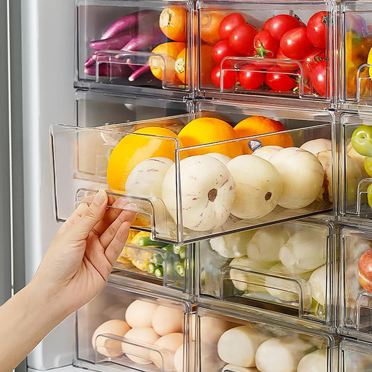 MANO 2Pack Clear Fridge Drawers Pull Out Stackable Refrigerator Drawer Organizer Bins Pantry Storage Box Plastic Food Containers for Kitchen Bathroom Office Closet(X-Small)