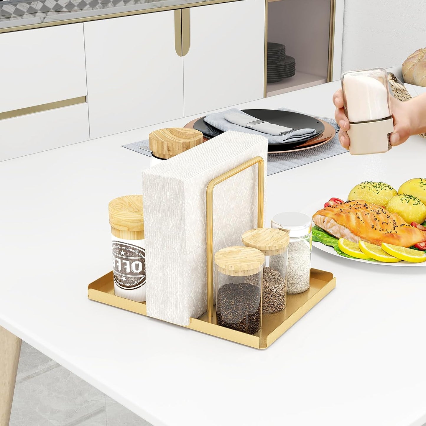 LSK Napkin Holder, Metal Napkin Holder for Table with Salt and Pepper Shakers Caddy, Napkin Storage Dispenser for Kitchen Dinner Table and Picnic Decors, Gold