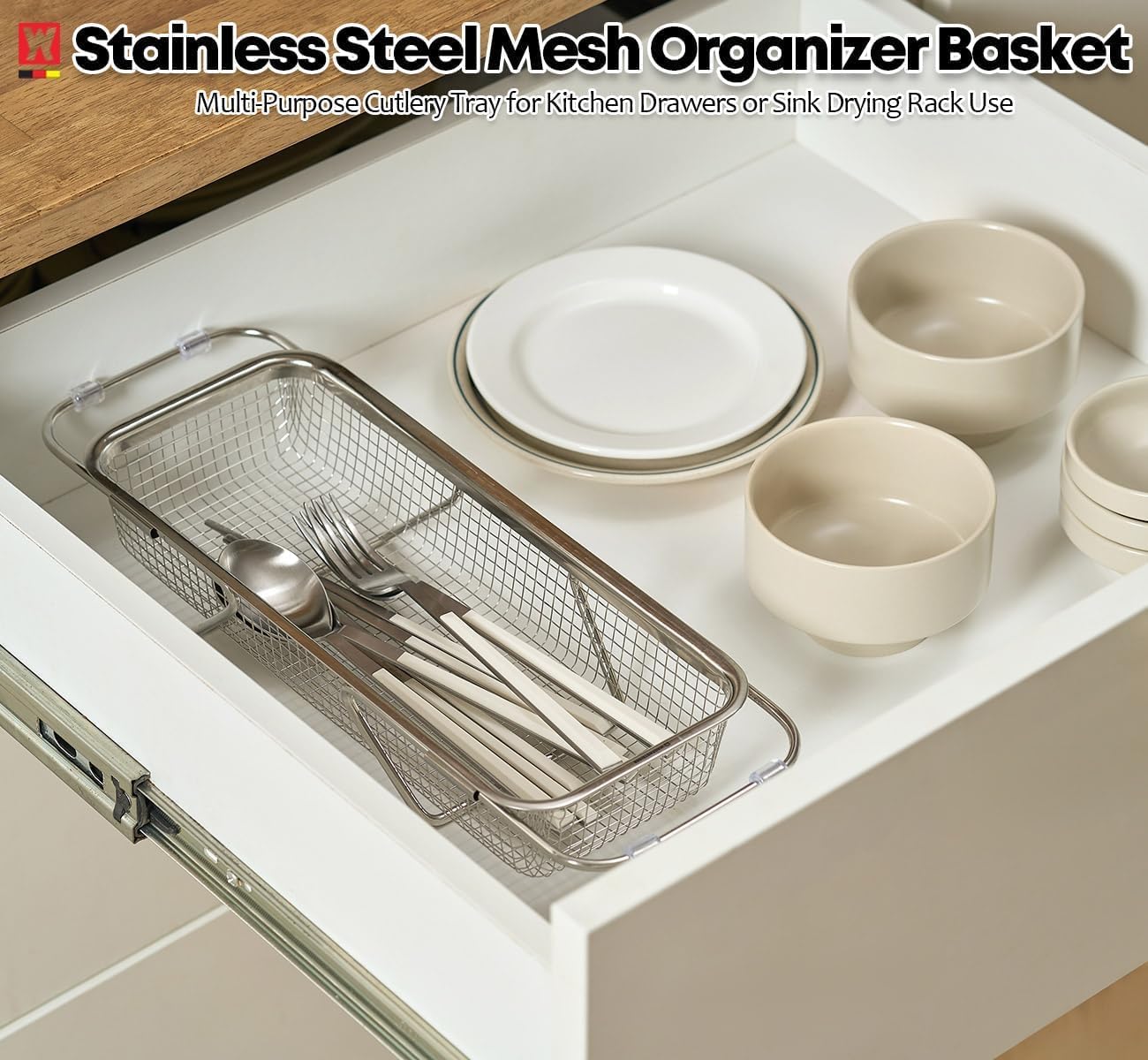 WAGENSTEIGER Extendable Dish Rack with Feet, Vegetable Colander Basket, Stainless Steel Dish or Silverware Drying Rack, Ultimate Kitchen Organizer Over the Sink (11.81 x 8.27 x 2.76 Inches)