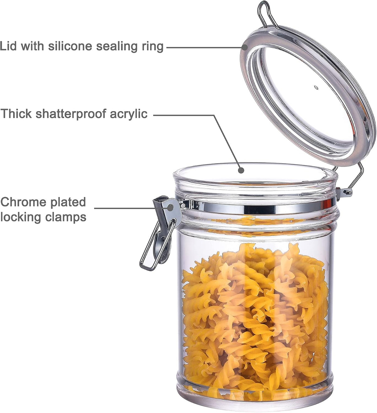 64 oz Reinforced Large Acrylic Canister with Locking Clamp, Airtight Flip Jar | Food Storage Container for Flour, Sugar, Coffee, Candy, Cookie etc