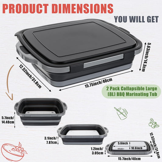 2 Pack Collapsible BBQ Prep Tub with Lid 2 Gal (8 L) 4-in-1 Marinating Tub Cutting Board Serving Tray Drink Chiller for Meal Prep Marinating Food, Grilling Picnic Camping BBQ Outdoor