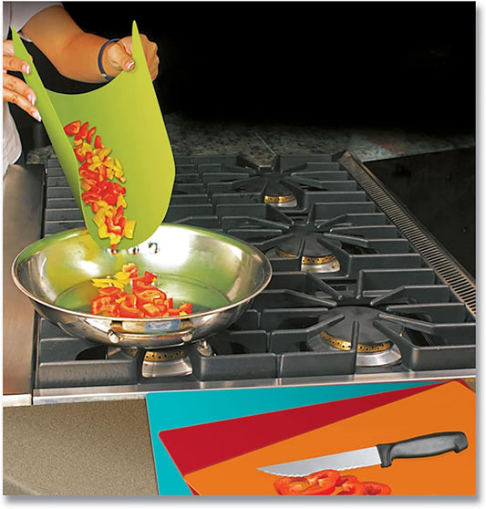 Cut N' Funnel Multi-Color Non-Skid Flexible Cutting Board Mat 4 Pack Made in the USA Color Coded, Flexible. Dishwasher Safe