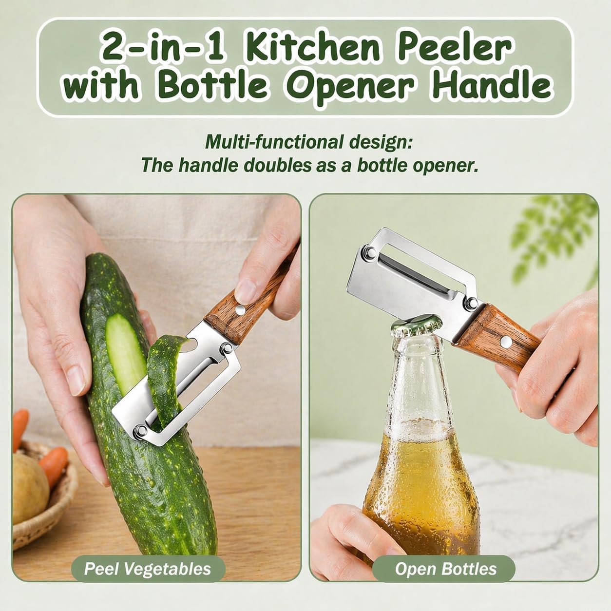Left & Right Hand Vegetable Peeler Set with Scallion Slicer & Bottle Opener, Heavy-Duty Thick Stainless Steel Blade, Multi-Function Kitchen Peeler with Wooden Handle for Fruits & Vegetables(New 2pcs)