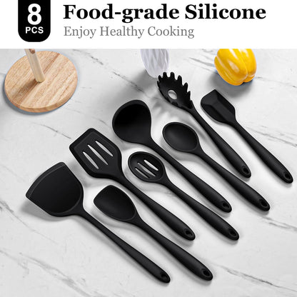 LIANYU Non-Toxic Silicone Kitchen Utensils Set, 8 Piece Non-Scratch Cooking Spoons & Spatulas, Stainless Steel Core, Heat Resistant & Dishwasher Safe, Khaki